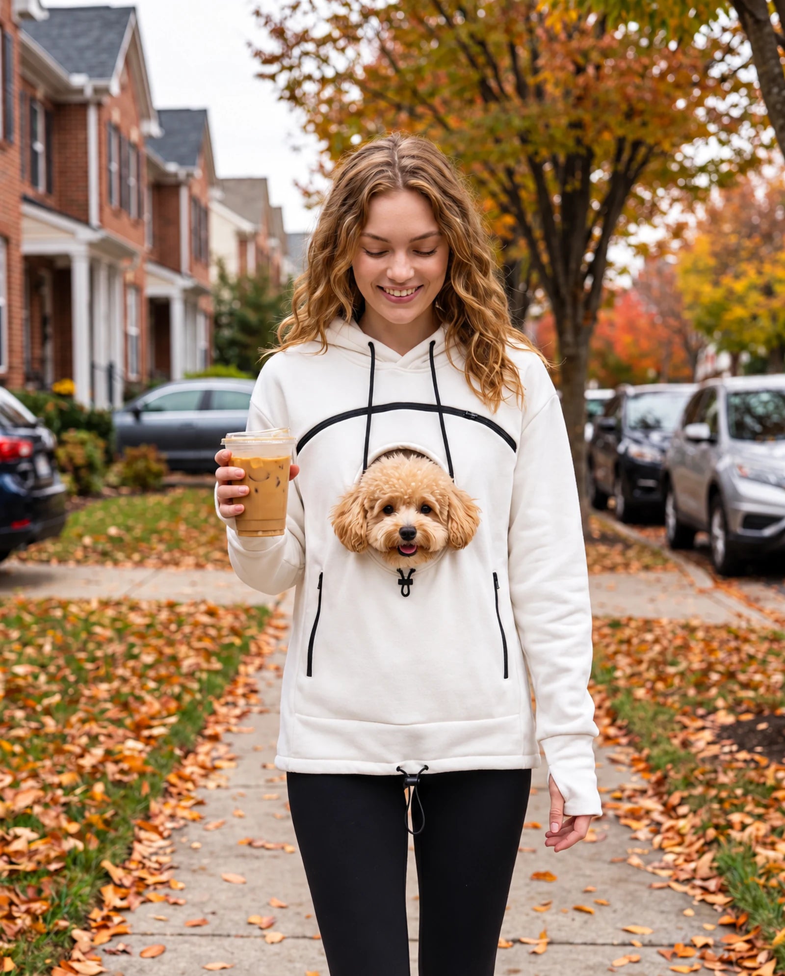 Autumn walk with a puppy in the pouch